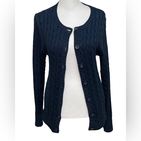 L.L. Bean Navy Cable Knit Cardigan - Picture 3 of 8